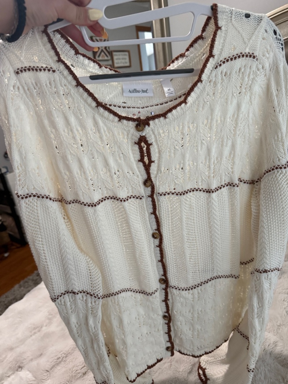 Cream Knit Cardigan with Brown Trim - Women's Cowl & Turtleneck - Picture 5 of 7